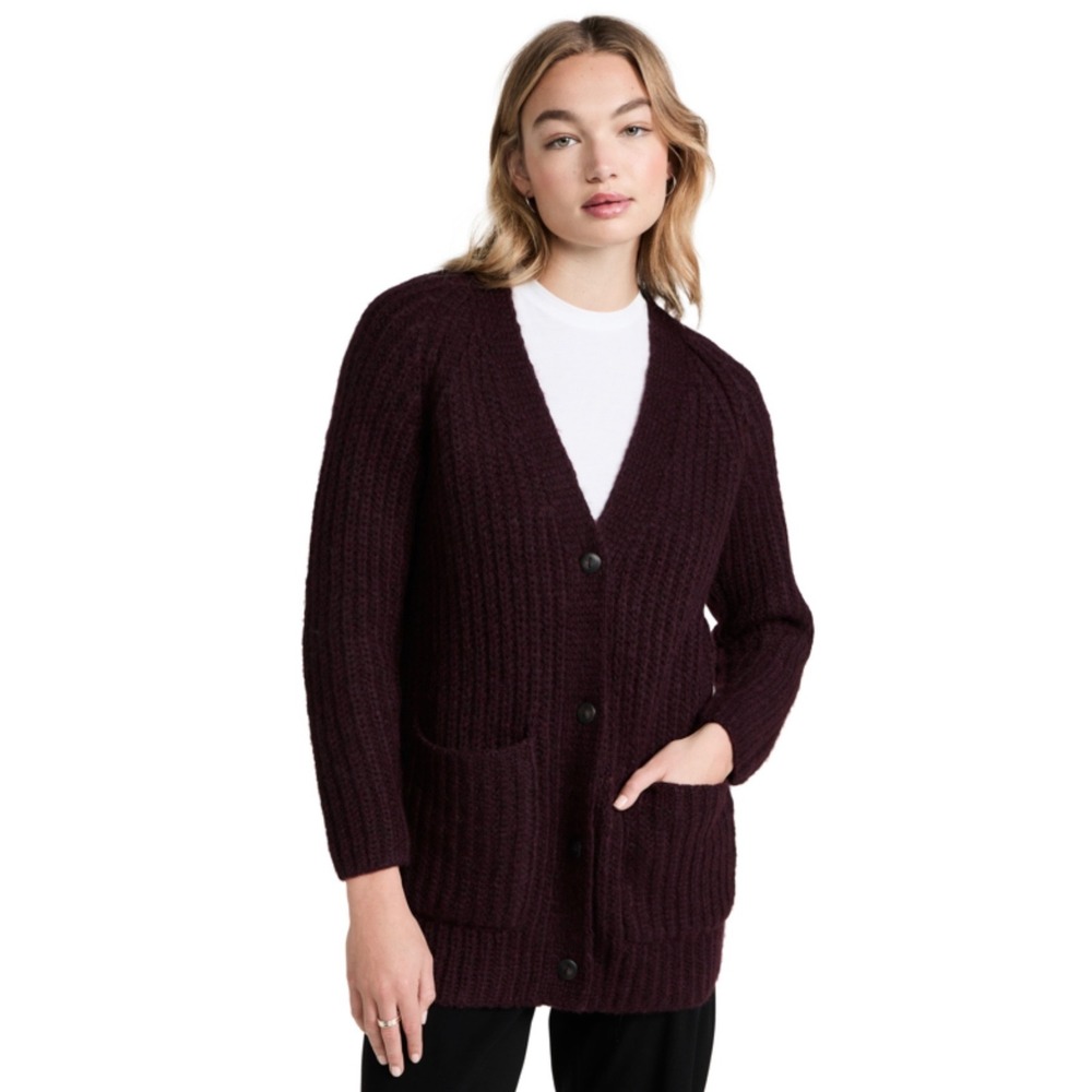 Vince Ribbed Patch Pocket Cardigan Plum Wine Purple Alpaca Wool Sweater L READ